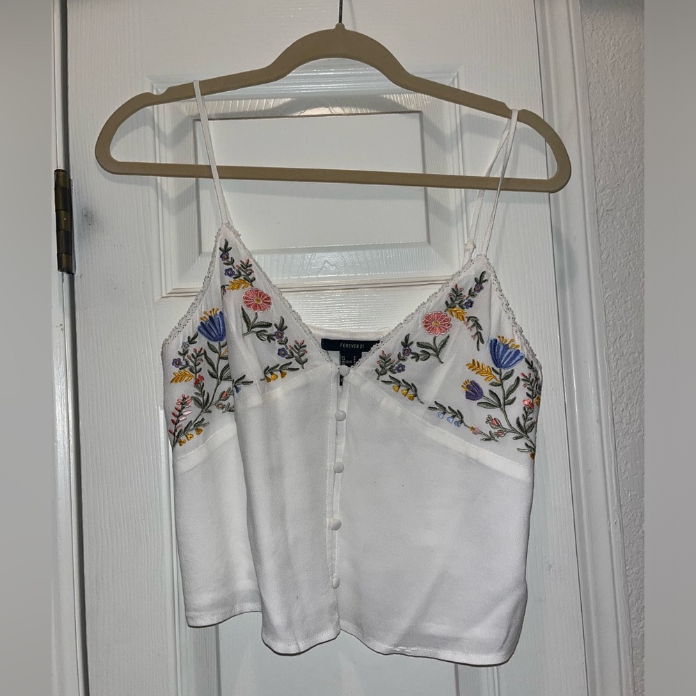 White tank top with floral embroidery